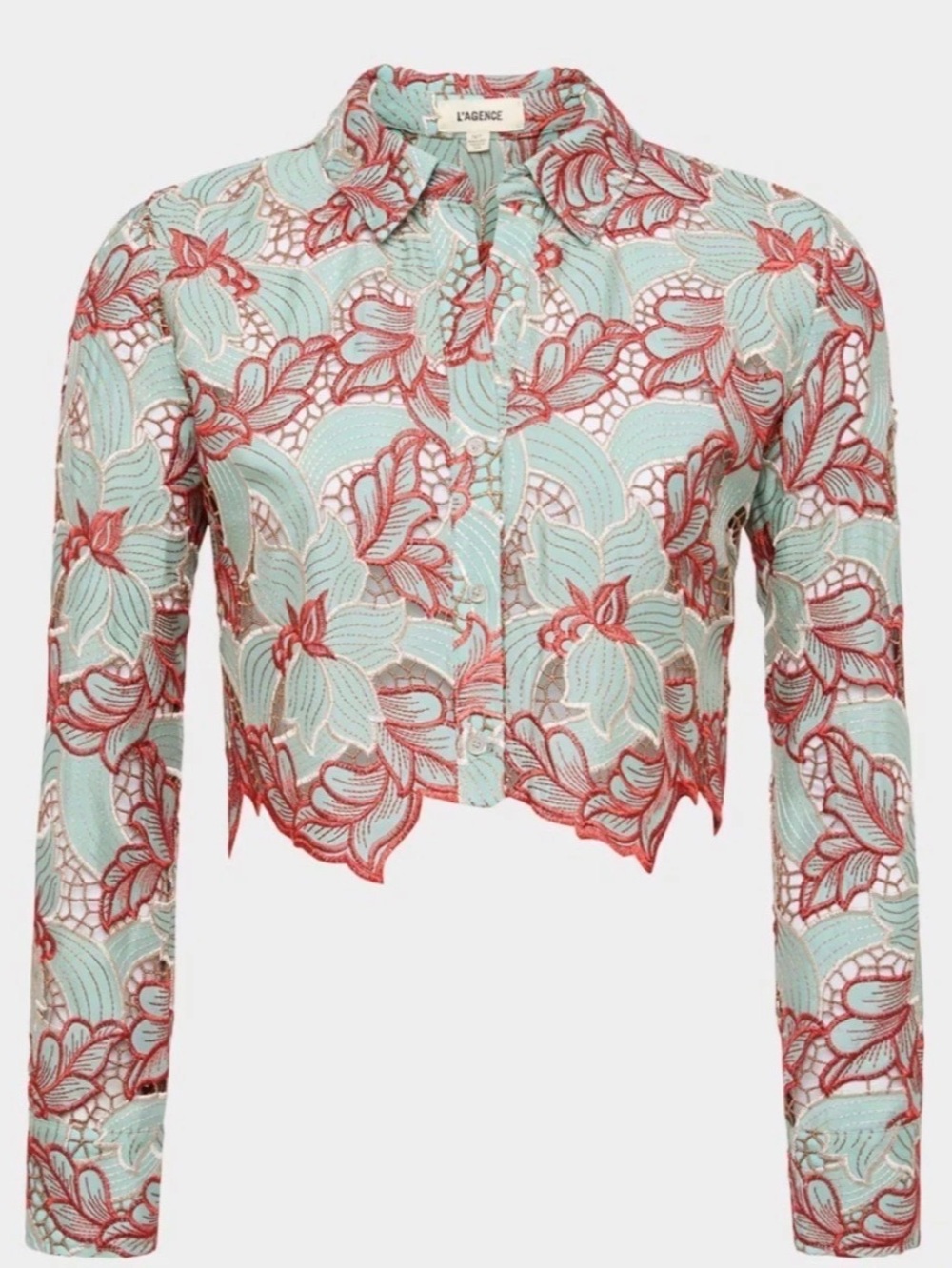 L’Agence “Akemi” Embroidered Openwork Cropped Buttonfront Top